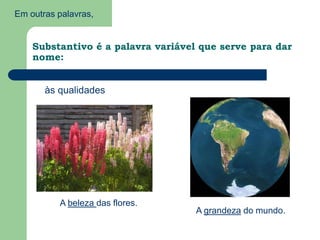 Em outras palavras,Substantivo é a palavra variável que serve para dar nome:às qualidadesA beleza das flores.A grandeza do mundo.