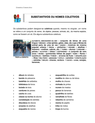 Gramática ComunicAtiva
Os substantivos podem designar-se coletivos quando, mesmo no singular, um nome
se refere a um conjunto de seres, de objetos, pessoas, animais, etc., da mesma espécie,
como se fossem um só. Eis alguns substantivos coletivos:
TROPA ou EXERCÍTO
ALFABETO, ABECEDÁRIO OU ABC - conjunto de letras de uma
língua / NINHADA - crias (pintos, gatos, cães, etc.) que a fêmea do
animal pariu de uma só vez / BANDA - músicos de música
popular urbana / PINHAL – pinheiros / ENXAME – abelhas /
REBANHO - ovelhas, cabras, etc. / TURMA – alunos / CARDUME –
peixes / ALCATEIA – lobos / CENTENÁRIO - o conjunto de cem
anos / RESMA - quinhentas folhas de papel / RAMO – flores /
QUADRILHA – ladrões / POMAR - árvores de fruto / ARQUIPÉLAGO
– ilhas / MULTIDÃO – pessoas / CÁFILA – camelos / CONSTELAÇÃO
– estrelas / MOLHO - chaves, verdura / CACHO – uvas, cerejas,
bananas.
 álbum de retratos
 bando de pássaros
 batalhão de soldados
 biblioteca de livros
 boiada de bois
 cardume de peixes
 cacho de uvas
 classe ou turma de alunos
 constelação de estrelas
 discoteca de discos
 enxame de abelhas
 esquadra de navios
 esquadrilha de aviões
 matilha de cães ou de lobos
 molho de chaves
 ninhada de pintos
 nuvem de insetos
 penca de bananas
 quadrilha de ladrões
 ramalhete de flores
 rebanho de carneiros
 resma de papéis
 tribo de índios
 tropa de burros
SSUUBBSSTTAANNTTIIVVOOSS OOUU NNOOMMEESS CCOOLLEETTIIVVOOSS
 