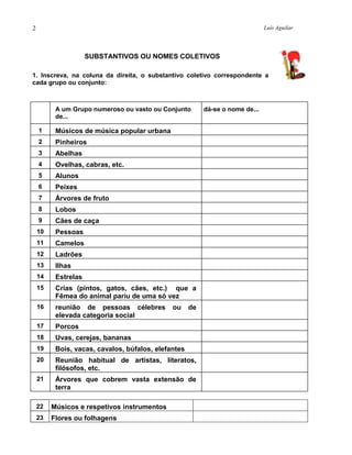 Luís Aguilar2
SUBSTANTIVOS OU NOMES COLETIVOS
1. Inscreva, na coluna da direita, o substantivo coletivo correspondente a
cada grupo ou conjunto:
A um Grupo numeroso ou vasto ou Conjunto
de...
dá-se o nome de...
1 Músicos de música popular urbana
2 Pinheiros
3 Abelhas
4 Ovelhas, cabras, etc.
5 Alunos
6 Peixes
7 Árvores de fruto
8 Lobos
9 Cães de caça
10 Pessoas
11 Camelos
12 Ladrões
13 Ilhas
14 Estrelas
15 Crias (pintos, gatos, cães, etc.) que a
Fêmea do animal pariu de uma só vez
16 reunião de pessoas célebres ou de
elevada categoria social
17 Porcos
18 Uvas, cerejas, bananas
19 Bois, vacas, cavalos, búfalos, elefantes
20 Reunião habitual de artistas, literatos,
filósofos, etc.
21 Árvores que cobrem vasta extensão de
terra
22 Músicos e respetivos instrumentos
23 Flores ou folhagens
 
