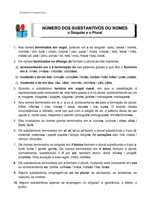 Gramática ComunicAtiva
1. Aos nomes terminados em vogal, junta-se um s ao singular: casa, casas / monte,
montes / boi, bois / corpo, corpos / pau, paus / mesa, mesas / teto, tetos / mãe,
mães/ pá, pás / peru, perus / rei, reis / mau, maus / baú, baús.
2. Os nomes terminados no ditongo ão formam o plural de três maneiras:
a) acrescentando um s à terminação ão nas palavras graves e que têm o feminino
em ã: irmão, irmãos / cidadão, cidadãos;
b) mudando o ão em ões: coração, corações / faisão, faisões / leão, leões / peão, peões;
c) mudando o ão em ães: cão, cães / alemão, alemães / pão, pães.
3. Quando o substantivo termina em vogal nasal, em que a nasalização é
representada pela consoante m, esta letra passa a n no plural, acrescentando-se um
s: imagem, imagens / viagem, viagens / jardim, jardins / mensagem, mensagens.
4. Aos nomes terminados em n, r, s ou z, acrescenta-se es para a formação do plural:
hífen, hífenes / mar, mares / deus, deuses / luz, luzes. O acento nestas
circunstâncias é retirado, uma vez que com a adição de es, a palavra deixa de ser
aguda e, neste caso, dispensa o acento: português/ portugueses; chinês/chineses.
5. São invariáveis os nomes graves terminados em s: ourives, ourives / atlas, atlas /
lápis, lápis.
6. Os substantivos terminados em al, el, ol ou ul fazem o plural substituindo o l por is:
material, materiais / papel, papéis / lençol, lençóis. As exceções são: mal, males /
cônsul, cônsules.
7. Os nomes terminados no singular em il tónico formam o plural substituindo o l por s:
funil, funis / gentil, gentis. Os nomes terminados em il átono formam o plural,
normalmente, substituindo o il por eis, também átono: dócil, dóceis / projétil,
projéteis. Uma exceção a esta regra: móbil, móbiles.
8. Os substantivos terminados em x formam o plural, mudando esta consoante em ces
ou acrescentando es: córtex, córtices / índex, índices / fax, faxes.
9. Alguns substantivos empregam-se só no plural: as alvíssaras, os arredores, as
núpcias, os víveres.
10. Alguns substantivos apenas se empregam no singular: a ignorância, a plebe, o
pudor.
NNÚÚMMEERROO DDOOSS SSUUBBSSTTAANNTTIIVVOOSS OOUU NNOOMMEESS
oo SSiinngguullaarr ee oo PPlluurraall
 