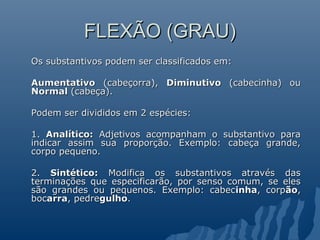 FLEXÃO (GRAU)
FLEXÃO (GRAU)
Os substantivos podem ser classificados em:
Os substantivos podem ser classificados em:
Aumentativo
Aumentativo (cabeçorra),
(cabeçorra), Diminutivo
Diminutivo (cabecinha) ou
(cabecinha) ou
Normal
Normal (cabeça).
(cabeça).
Podem ser divididos em 2 espécies:
Podem ser divididos em 2 espécies:
1.
1. Analítico:
Analítico: Adjetivos acompanham o substantivo para
Adjetivos acompanham o substantivo para
indicar assim sua proporção. Exemplo: cabeça grande,
indicar assim sua proporção. Exemplo: cabeça grande,
corpo pequeno.
corpo pequeno.
2.
2. Sintético:
Sintético: Modifica os substantivos através das
Modifica os substantivos através das
terminações que especificarão, por senso comum, se eles
terminações que especificarão, por senso comum, se eles
são grandes ou pequenos. Exemplo: cabec
são grandes ou pequenos. Exemplo: cabecinha
inha, corp
, corpão
ão,
,
boc
bocarra
arra, pedre
, pedregulho
gulho.
.
 
