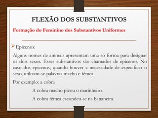 FLEXÃO DOS SUBSTANTIVOS
Formação do Feminino dos Substantivos Uniformes
Epicenos:
Alguns nomes de animais apresentam uma só forma para designar
os dois sexos. Esses substantivos são chamados de epicenos. No
caso dos epicenos, quando houver a necessidade de especificar o
sexo, utilizam-se palavras macho e fêmea.
Por exemplo: a cobra
A cobra macho picou o marinheiro.
A cobra fêmea escondeu-se na bananeira.
 