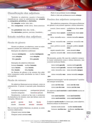 7
EM_V_GRA_006
Classificação dos adjetivos
Também os adjetivos, quanto à formação,
classificam-se, como os substantivos em: simples
ou compostos; primitivos ou derivados.
São simples: verde, belo, feio...
São compostos: verde-oliva, ibero-america-
no...
São primitivos: belo, feio, verde...
São derivados: gostoso, nervoso, brasileiro...
Estudo mórfico dos adjetivos
Flexão de gênero
Quanto ao gênero, os adjetivos, como os subs-
tantivos, podem ser uniformes ou biformes.
Exemplos de adjetivos uniformes:
homem inteligente mulher inteligente
carro simples casa simples
filho grande filha grande
Exemplos de adjetivos biformes:
homem honesto	 mulher honesta
carro barato	 casa barata	
filho bonito	 filha bonita
As flexões de gênero e de número dos adje-
tivos compostos serão estudadas no item C deste
subcapítulo.
Flexão de número
Os adjetivos flexionam-se em número, como os
substantivos. O plural é marcado pela desinência
“-s”.
inteligente (singular)	 inteligentes (plural)
honesto (singular)		 honestos (plural)
Geralmente, o plural se faz com o acréscimo
da desinência de número, mas não faltam casos de
variações. Notem-se:
gentil gentis fácil fáceis
chinês chineses alemão alemães
Não se tem por hábito flexionar, no plural, os subs-
tantivos adjetivados.
Comprei uma camisa rosa.
Comprei umas camisas rosa.
Pedro é um professor muito criança.
Pedro e João são professores muito criança.
Flexões dos adjetivos compostos
Nos adjetivos compostos, é de regra se flexionar
em gênero e em número apenas o último elemento.
evento ibero-ameri-
cano
conferência ibero-ame-
ricana
eventos ibero-ameri-
canos
conferências ibero-ame-
ricanas
terno vermelho-escu-
ro
camisa vermelho-escura
ternos vermelho-es-
curos
camisas vermelho-es-
curas
caos político-econô-
mico
situação político-econô-
mica
sapato amarelo-claro meia amarelo-clara
sapatos amarelo-cla-
ros
meias amarelo-claras
Há exceções, porém. No caso de o adjetivo compos-
to trazer substantivo como o último elemento, não
ocorrerá nenhuma flexão.
terno verde-garrafa camisa verde-garrafa
ternos verde-garrafa camisas verde-garrafa
cinto vermelho-san-
gue
meia vermelho-sangue
cintos vermelho-san-
gue
meias vermelho-sangue
Adjetivos de formação “cor-de-substantivo” também
são sempre invariáveis.
cinto cor-de-rosa meia cor-de-rosa
cintos cor-de-rosa meias cor-de-rosa
Os adjetivos azul-marinho e azul-celeste nunca se
flexionam.
cinto azul-marinho meia azul-marinho
cintos azul-marinho meias azul-marinho
O adjetivo surdo-mudo é o único que, como adjetivo,
flexiona ambos os elementos.
homem surdo-mudo mulher surda-muda
homens surdos-mu-
dos
mulheres surdas-mu-
das
Esse material é parte integrante do Aulas Particulares on-line do IESDE BRASIL S/A,
mais informações www.aulasparticularesiesde.com.br
 