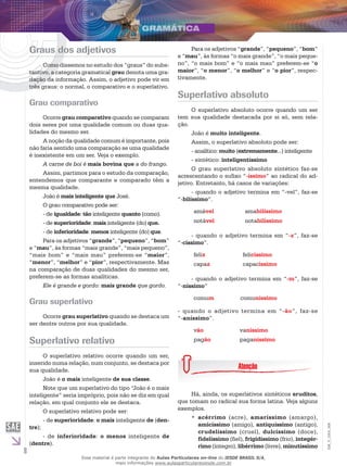 8
EM_V_GRA_006
Graus dos adjetivos
Como dissemos no estudo dos “graus” do subs-
tantivo, a categoria gramatical grau denota uma gra-
dação da informação. Assim, o adjetivo pode vir em
três graus: o normal, o comparativo e o superlativo.
Grau comparativo
Ocorre grau comparativo quando se comparam
dois seres por uma qualidade comum ou duas qua-
lidades do mesmo ser.
A noção da qualidade comum é importante, pois
não faria sentido uma comparação se uma qualidade
é inexistente em um ser. Veja o exemplo.
A carne de boi é mais bovina que a do frango.
Assim, partimos para o estudo da comparação,
entendemos que comparante e comparado têm a
mesma qualidade.
João é mais inteligente que José.
O grau comparativo pode ser:
- de igualdade: tão inteligente quanto (como).
- de superioridade: mais inteligente (do) que.
- de inferioridade: menos inteligente (do) que.
Para os adjetivos “grande”, “pequeno”, “bom”
e “mau”, às formas “mais grande”, “mais pequeno”,
“mais bom” e “mais mau” preferem-se “maior”,
“menor”, “melhor” e “pior”, respectivamente. Mas
na comparação de duas qualidades do mesmo ser,
preferem-se as formas analíticas.
Ele é grande e gordo: mais grande que gordo.
Grau superlativo
Ocorre grau superlativo quando se destaca um
ser dentre outros por sua qualidade.
Superlativo relativo
O superlativo relativo ocorre quando um ser,
inserido numa relação, num conjunto, se destaca por
sua qualidade.
João é o mais inteligente de sua classe.
Note que um superlativo do tipo “João é o mais
inteligente” seria impróprio, pois não se diz em qual
relação, em qual conjunto ele se destaca.
O superlativo relativo pode ser:
- de superioridade: o mais inteligente de (den-
tre);
- de inferioridade: o menos inteligente de
(dentre).
Para os adjetivos “grande”, “pequeno”, “bom”
e “mau”, às formas “o mais grande”, “o mais peque-
no”, “o mais bom” e “o mais mau” preferem-se “o
maior”, “o menor”, “o melhor” e “o pior”, respec-
tivamente.
Superlativo absoluto
O superlativo absoluto ocorre quando um ser
tem sua qualidade destacada por si só, sem rela-
ção.
João é muito inteligente.
Assim, o superlativo absoluto pode ser:
- analítico: muito (extremamente...) inteligente
- sintético: inteligentíssimo
O grau superlativo absoluto sintético faz-se
acrescentando o sufixo “-íssimo” ao radical do ad-
jetivo. Entretanto, há casos de variações:
- quando o adjetivo termina em “-vel”, faz-se
“-bilíssimo”.
amável amabilíssimo
notável notabilíssimo
- quando o adjetivo termina em “-z”, faz-se
“-císsimo”.
feliz felicíssimo
capaz capacíssimo
- quando o adjetivo termina em “-m”, faz-se
“-níssimo”
comum comuníssimo
- quando o adjetivo termina em “-ão”, faz-se
“-aníssimo”.
vão vaníssimo
pagão paganíssimo
Há, ainda, os superlativos sintéticos eruditos,
que tomam no radical sua forma latina. Veja alguns
exemplos.
acérrimo•• (acre), amaríssimo (amargo),
amicíssimo (amigo), antiquíssimo (antigo),
crudelíssimo (cruel), dulcíssimo (doce),
fidelíssimo (fiel), frigidíssimo (frio), integér-
rimo (íntegro), libérrimo (livre), minutíssimo
Esse material é parte integrante do Aulas Particulares on-line do IESDE BRASIL S/A,
mais informações www.aulasparticularesiesde.com.br
 