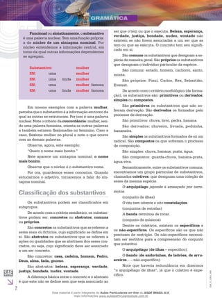 2
EM_V_GRA_006
ser que o tem ou que o executa. Beleza, esperança,
verdade, justiça, bondade, nudez, vontade não
existem se não forem associadas a um ser que as
tem ou que as executa. O concreto tem seu signifi-
cado em si.
São comuns os substantivos que designam a es-
pécie de maneira geral. São próprios os substantivos
que designam o indivíduo particular da espécie.
São comuns: estado, homem, cachorro, santo,
monte.
São próprios: Piauí, Carlos, Rex, Sebastião,
Everest.
De acordo com o critério morfológico (de forma-
ção), os substantivos são: primitivos ou derivados;
simples ou compostos.
São primitivos os substantivos que não so-
freram derivação. São derivados os formados pelo
processo de derivação.
São primitivos: chuva, livro, pedra, banana.
São derivados: chuveiro, livrada, pedrinha,
bananeira.
São simples os substantivos formados de só um
radical. São compostos os que sofreram o processo
de composição.
São simples: chuva, banana, prata, água.
São compostos: guarda-chuva, banana-prata,
água-viva.
Semanticamente, entre os substantivos comuns,
encontramos um grupo particular de substantivos,
chamados coletivos: que designam uma coleção de
seres da mesma espécie.
O arquipélago japonês é ameaçado por terre-
motos.
(conjunto de ilhas)
O céu tem oitenta e oito constelações.
(conjuntos de estrelas)
A banda terminou de tocar.
(conjunto de músicos)
Dentre os coletivos, existem os específicos e
os não-específicos. Os específicos são os que não
precisam de restrição. Os não-específicos necessi-
tam ser restritos para a compreensão do conjunto
que substitui.
O arquipélago (de ilhas – específico).
O bando (de andorinhas, de ladrões, de arru-
aceiros... – não-específico).
Note que haveria redundância em dizermos
“o arquipélago de ilhas”, já que o coletivo é espe-
cífico.
Funcional ou sintaticamente, o substantivo
é uma palavra nuclear. Tem uma função própria:
a de núcleo de um sintagma nominal. Por
núcleo entendemos a informação central, em
torno da qual outras informações dependentes
se agregam.
Substantivo:		 mulher
SN:	 uma		 mulher
SN:	 uma	 linda	 mulher
SN:	 uma		 mulher famosa
SN:	 uma 	 linda 	 mulher famosa
Em nossos exemplos com a palavra mulher,
perceba que o substantivo é a informação em torno da
qual as outras se estruturam. Por isso é uma palavra
nuclear. Note o critério da concordância: mulher, sen-
do uma palavra feminina, orienta as outras palavras
a também estarem flexionadas no feminino. Caso a
caso, flexione mulher no plural e note o que ocorre
com as demais palavras.
Observe, agora, este exemplo:
“Quero o nome mais bonito.”
Nele aparece um sintagma nominal: o nome
mais bonito.
Observe que o núcleo é o substantivo nome.
Por ora, guardemos esses conceitos. Quando
estudarmos o adjetivo, tornaremos a falar do sin-
tagma nominal.
Classificação dos substantivos
Os substantivos podem ser classificados em
subgrupos.
De acordo com o critério semântico, os substan-
tivos podem ser: concretos ou abstratos; comuns
ou próprios.
São concretos os substantivos que se referem a
seres reais ou fictícios, cujo significado se define em
si. São abstratos os substantivos que se referem a
ações ou qualidades que se abstraem dos seres con-
cretos, ou seja, cujo significado deve ser associado
a um ser concreto.
São concretos: casa, cadeira, homem, Pedro,
Deus, alma, fada, gnomo.
São abstratos: beleza, esperança, verdade,
justiça, bondade, nudez, vontade.
A diferença básica entre o concreto e o abstrato
é que este não se define sem que seja associado ao
Esse material é parte integrante do Aulas Particulares on-line do IESDE BRASIL S/A,
mais informações www.aulasparticularesiesde.com.br
 