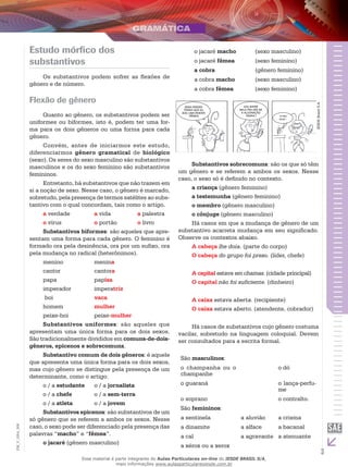 3
EM_V_GRA_006
Estudo mórfico dos
substantivos
Os substantivos podem sofrer as flexões de
gênero e de número.
Flexão de gênero
Quanto ao gênero, os substantivos podem ser
uniformes ou biformes, isto é, podem ter uma for-
ma para os dois gêneros ou uma forma para cada
gênero.
Convém, antes de iniciarmos este estudo,
diferenciarmos gênero gramatical de biológico
(sexo). Os seres do sexo masculino são substantivos
masculinos e os do sexo feminino são substantivos
femininos.
Entretanto, há substantivos que não trazem em
si a noção de sexo. Nesse caso, o gênero é marcado,
sobretudo, pela presença de termos satélites ao subs-
tantivo com o qual concordam, tais como o artigo.
a verdade		 a vida		 a palestra
o vírus		 o portão	 o livro
Substantivos biformes: são aqueles que apre-
sentam uma forma para cada gênero. O feminino é
formado ora pela desinência, ora por um sufixo, ora
pela mudança no radical (heterônimos).
menino 		 menina
cantor		 cantora
papa		 papisa
imperador		 imperatriz
boi		 vaca
homem		 mulher
peixe-boi		 peixe-mulher
Substantivos uniformes: são aqueles que
apresentam uma única forma para os dois sexos.
São tradicionalmente divididos em comuns-de-dois-
gêneros, epicenos e sobrecomuns.
Substantivo comum de dois gêneros: é aquele
que apresenta uma única forma para os dois sexos,
mas cujo gênero se distingue pela presença de um
determinante, como o artigo.
o / a estudante	 o / a jornalista
o / a chefe		 o / a sem-terra
o / a atleta	 o / a jovem
Substantivos epicenos: são substantivos de um
só gênero que se referem a ambos os sexos. Nesse
caso, o sexo pode ser diferenciado pela presença das
palavras “macho” e “fêmea”.
o jacaré (gênero masculino)
o jacaré macho (sexo masculino)
o jacaré fêmea (sexo feminino)
a cobra (gênero feminino)
a cobra macho (sexo masculino)
a cobra fêmea (sexo feminino)
essa barata
pensa que eu
sou uma barata
fêmea!
vou bater
nela pra ver se
a alucinação
passa ! aI mEU
DEUS !
IESDEBrasilS.A.
Substantivos sobrecomuns: são os que só têm
um gênero e se referem a ambos os sexos. Nesse
caso, o sexo só é definido no contexto.
a criança (gênero feminino)
a testemunha (gênero feminino)
o membro (gênero masculino)
o cônjuge (gênero masculino)
Há casos em que a mudança de gênero de um
substantivo acarreta mudança em seu significado.
Observe os contextos abaixo.
A cabeça lhe doía. (parte do corpo)
O cabeça do grupo foi preso. (líder, chefe)
A capital estava em chamas. (cidade principal)
O capital não foi suficiente. (dinheiro)
A caixa estava aberta. (recipiente)
O caixa estava aberto. (atendente, cobrador)
Há casos de substantivos cujo gênero costuma
vacilar, sobretudo na linguagem coloquial. Devem
ser consultados para a escrita formal.
São masculinos:
o champanha ou o
champanhe
o dó
o guaraná o lança-perfu-
me
o soprano o contralto.
São femininos:
a sentinela a aluvião a crisma
a dinamite a alface a bacanal
a cal a agravante a atenuante
a xérox ou a xerox
Esse material é parte integrante do Aulas Particulares on-line do IESDE BRASIL S/A,
mais informações www.aulasparticularesiesde.com.br
 