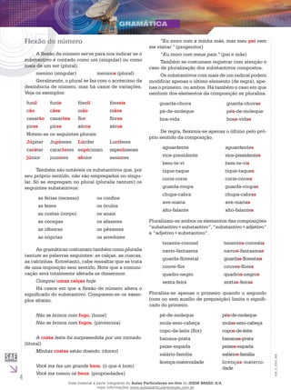 4
EM_V_GRA_006
Flexão de número
A flexão de número serve para nos indicar se o
substantivo é contado como um (singular) ou como
mais de um ser (plural).
menino (singular)		 meninos (plural)
Geralmente, o plural se faz com o acréscimo da
desinência de número, mas há casos de variações.
Veja os exemplos:
funil funis fóssil fósseis
cão cães mão mãos
casarão casarões flor flores
pires pires xérox xérox
Notem-se os seguintes plurais:
Júpiter Jupíteres Lúcifer Lucíferes
caráter caracteres espécimen especímenes
júnior juniores sênior seniores
Também são notáveis os substantivos que, por
seu próprio sentido, não são empregados no singu-
lar. Só se empregam no plural (pluralia tantum) os
seguintes substantivos:
as férias (recesso) os confins
as fezes os óculos
as costas (corpo) os anais
as cócegas os afazeres
as olheiras os pêsames
as núpcias os arredores
As gramáticas costumam também como pluralia
tantum as palavras seguintes: as calças, as cuecas,
as calcinhas. Entretanto, cabe ressaltar que se trata
de uma imposição sem sentido. Note que a comuni-
cação será totalmente afetada se dissermos:
Comprei umas calças hoje.
Há casos em que a flexão de número altera o
significado do substantivo. Comparem-se os exem-
plos abaixo.
Não se brinca com fogo. (lume)
Não se brinca com fogos. (pirotecnia)
A costa leste foi surpreendida por um tornado.
(litoral)
Minhas costas estão doendo. (dorso)
Você me faz um grande bem. (o que é bom)
Você me tomou os bens. (propriedades)
“Eu moro com a minha mãe, mas meu pai vem
me visitar.” (progenitor)
“Eu moro com meus pais.” (pai e mãe)
Também se costumam registrar com atenção o
caso de pluralização dos substantivos compostos.
Os substantivos com mais de um radical podem
modificar apenas o último elemento (de regra), ape-
nas o primeiro, ou ambos. Há também o caso em que
nenhum dos elementos da composição se pluraliza.
guarda-chuva guarda-chuvas
pé-de-moleque pés-de-moleque
boa-vida boas-vidas
De regra, flexiona-se apenas o último pelo pró-
prio sentido da composição.
aguardente aguardentes
vice-presidente vice-presidentes
bem-te-vi bem-te-vis
tique-taque tique-taques
corre-corre corre-corres
guarda-roupa guarda-roupas
chupa-cabra chupa-cabras
ave-maria ave-marias
alto-falante alto-falantes
Pluralizam-se ambos os elementos das composições
“substantivo+substantivo”, “substantivo+adjetivo”
e “adjetivo+substantivo”.
tenente-coronel tenentes-coronéis
navio-fantasma navios-fantasmas
guarda-florestal guardas-florestais
couve-flor couves-flores
quadro-negro quadros-negros
sexta-feira sextas-feiras
Pluraliza-se apenas o primeiro quando o segundo
(com ou sem auxílio de preposição) limita o signifi-
cado do primeiro.
pé-de-moleque pés-de-moleque
mula-sem-cabeça mulas-sem-cabeça
copo-de-leite (flor) copos-de-leite
banana-prata bananas-prata
peixe-espada peixes-espada
salário-família salários-família
licença-maternidade licenças-materni-
dade
Esse material é parte integrante do Aulas Particulares on-line do IESDE BRASIL S/A,
mais informações www.aulasparticularesiesde.com.br
 