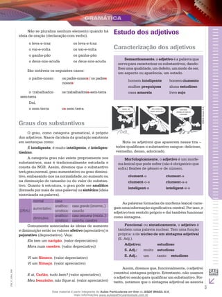 5
EM_V_GRA_006
Não se pluraliza nenhum elemento quando há
ideia de oração (declaração com verbo).
o leva-e-traz os leva-e-traz
o vai-e-volta os vai-e-volta
o ganha-pão os ganha-pão
o deus-nos-acuda os deus-nos-acuda
São notáveis os seguintes casos:
o padre-nosso os padre-nossos / os padres
nossos
o trabalhador-
sem-terra
os trabalhadores-sem-terra
Daí,
o sem-terra os sem-terra
Graus dos substantivos
O grau, como categoria gramatical, é próprio
dos adjetivos. Nasce da ideia da gradação existente
em sentenças como:
É inteligente, é muito inteligente, é inteligen-
tíssimo.
A categoria grau não existe propriamente nos
substantivos, mas é tradicionalmente estudada e
consta da NGB. Assim, diremos que o substantivo
terá grau normal, grau aumentativo ou grau diminu-
tivo, embasando-nos na normalidade, no aumento ou
na diminuição do tamanho ou do valor do substan-
tivo. Quanto à estrutura, o grau pode ser analítico
(formado por mais de uma palavra) ou sintético (ideia
sintetizada na palavra).
GRAU
normal casa
aumentativo
analítico: casa grande (enorme...)
sintético: casarão
diminutivo
analítico: casa pequena (miúda...)
sintético: casinha, casebre
Comumente associadas às ideias de aumento
e diminuição estão os valores afetivo (apreciativo) e
pejorativo (depreciativo). Veja:
Ele tem um narigão. (valor depreciativo)
Mora num casebre. (valor depreciativo)
Vi um filmeco. (valor depreciativo)
Vi um filmaço. (valor apreciativo)
E aí, Carlão, tudo bem? (valor apreciativo)
Meu benzinho, não fique aí. (valor apreciativo)
Estudo dos adjetivos
Caracterização dos adjetivos
Semanticamente, o adjetivo é a palavra que
serve para caracterizar os substantivos, dando-
lhes uma qualidade, um defeito, um modo de ser,
um aspecto ou aparência, um estado.
homem inteligente homem ciumento
mulher preguiçosa aluno estudioso
casa amarela livro sujo
provei um
sangue delicioso !
bem vermelho,
denso, adocicado!
bah! você
mordeu um tubo de
catchup!!!
IESDEBrasilS.A.
Note os adjetivos que aparecem nessa tira –
todos qualificam o substantivo sangue: delicioso,
vermelho, denso, adocicado.
Morfologicamente, o adjetivo é um morfe-
ma lexical que pode sofrer (não é obrigatório que
sofra) flexões de gênero e de número.
ciument-o ciument-a
ciument-o-s ciument-a-s
inteligent-e inteligent-e-s
As palavras formadas de morfema lexical carre-
gam uma informação significativa central. Por isso, o
adjetivo tem sentido próprio e daí também funcionar
como sintagma.
Funcional ou sintaticamente, o adjetivo é
também uma palavra nuclear. Tem uma função
própria: a de núcleo de um sintagma adjetival
(S. Adj.).
Adjetivo:		 estudioso
S. Adj.:	 muito	 estudioso
S. Adj.:	 um	 tanto	 estudioso
Assim, diremos que, funcionalmente, o adjetivo
constitui sintagma próprio. Entretanto, não usamos
o adjetivo senão para qualificar um substantivo. Por-
tanto, notamos que o sintagma adjetival se associa
Esse material é parte integrante do Aulas Particulares on-line do IESDE BRASIL S/A,
mais informações www.aulasparticularesiesde.com.br
 