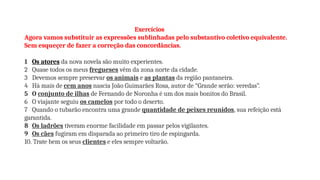 Exercícios
Agora vamos substituir as expressões sublinhadas pelo substantivo coletivo equivalente.
Sem esqueçer de fazer a correção das concordâncias.
1 Os atores da nova novela são muito experientes.
2 Quase todos os meus fregueses vêm da zona norte da cidade.
3 Devemos sempre preservar os animais e as plantas da região pantaneira.
4 Há mais de cem anos nascia João Guimarães Rosa, autor de “Grande serão: veredas”.
5 O conjunto de ilhas de Fernando de Noronha é um dos mais bonitos do Brasil.
6 O viajante seguiu os camelos por todo o deserto.
7 Quando o tubarão encontra uma grande quantidade de peixes reunidos, sua refeição está
garantida.
8 Os ladrões tiveram enorme facilidade em passar pelos vigilantes.
9 Os cães fugiram em disparada ao primeiro tiro de espingarda.
10. Trate bem os seus clientes e eles sempre voltarão.
 