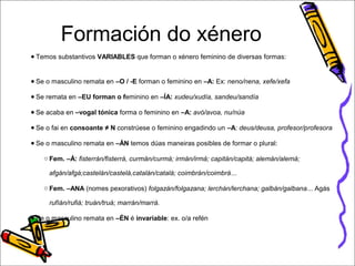 Formación do xénero 
● Temos substantivos VARIABLES que forman o xénero feminino de diversas formas: 
● Se o masculino remata en –O / -E forman o feminino en –A: Ex: neno/nena, xefe/xefa 
● Se remata en –EU forman o feminino en –ÍA: xudeu/xudía, sandeu/sandía 
● Se acaba en –vogal tónica forma o feminino en –A: avó/avoa, nu/núa 
● Se o fai en consoante ≠ N constrúese o feminino engadindo un –A: deus/deusa, profesor/profesora 
● Se o masculino remata en –ÁN temos dúas maneiras posibles de formar o plural: 
o Fem. –Á: fisterrán/fisterrá, curmán/curmá; irmán/irmá; capitán/capitá; alemán/alemá; 
afgán/afgá;castelán/castelá,catalán/catalá; coimbrán/coimbrá... 
o Fem. –ANA (nomes pexorativos) folgazán/folgazana; lerchán/lerchana; galbán/galbana... Agás 
rufíán/rufiá; truán/truá; marrán/marrá. 
● Se o masculino remata en –ÉN é invariable: ex. o/a refén 
 