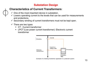 Substation Design
Characteristics of Current Transformers:
 One of the most important device in substation.
 Lowers operating current to the levels that can be used for measurements
and protections.
 Secondary winding of current transformers must not be kept open.
 There are two types
 CT : Current transformer
 LPCT (Low power current transformer): Electronic current
transformer
13
 