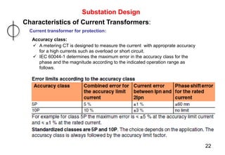 Substation Design
Characteristics of Current Transformers:
Current transformer for protection:
Accuracy class:
 A metering CT is designed to measure the current with approprate accuracy
for a high currents such as overload or short circuit.
 IEC 60044-1 determines the maximum error in the accuracy class for the
phase and the magnitude according to the indicated operation range as
follows.
22
 