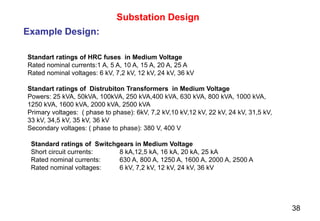 38
Substation Design
Example Design:
Standart ratings of HRC fuses in Medium Voltage
Rated nominal currents:1 A, 5 A, 10 A, 15 A, 20 A, 25 A
Rated nominal voltages: 6 kV, 7,2 kV, 12 kV, 24 kV, 36 kV
Standart ratings of Distrubiton Transformers in Medium Voltage
Powers: 25 kVA, 50kVA, 100kVA, 250 kVA,400 kVA, 630 kVA, 800 kVA, 1000 kVA,
1250 kVA, 1600 kVA, 2000 kVA, 2500 kVA
Primary voltages: ( phase to phase): 6kV, 7,2 kV,10 kV,12 kV, 22 kV, 24 kV, 31,5 kV,
33 kV, 34,5 kV, 35 kV, 36 kV
Secondary voltages: ( phase to phase): 380 V, 400 V
Standard ratings of Switchgears in Medium Voltage
Short circuit currents: 8 kA,12,5 kA, 16 kA, 20 kA, 25 kA
Rated nominal currents: 630 A, 800 A, 1250 A, 1600 A, 2000 A, 2500 A
Rated nominal voltages: 6 kV, 7,2 kV, 12 kV, 24 kV, 36 kV
 