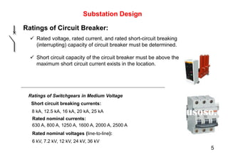 Ratings of Circuit Breaker:
 Rated voltage, rated current, and rated short-circuit breaking
(interrupting) capacity of circuit breaker must be determined.
Substation Design
Ratings of Switchgears in Medium Voltage
8 kA, 12.5 kA, 16 kA, 20 kA, 25 kA
Short circuit breaking currents:
Rated nominal currents:
630 A, 800 A, 1250 A, 1600 A, 2000 A, 2500 A
Rated nominal voltages (line-to-line):
6 kV, 7.2 kV, 12 kV, 24 kV, 36 kV
 Short circuit capacity of the circuit breaker must be above the
maximum short circuit current exists in the location.
5
 