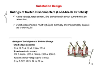 Substation Design
Ratings of Switchgears in Medium Voltage
8 kA, 12.5 kA, 16 kA, 20 kA, 25 kA
Short circuit currents:
Rated nominal currents:
630 A, 800 A, 1250 A, 1600 A, 2000 A, 2500 A
Rated nominal voltages (line-to-line):
6 kV, 7.2 kV, 12 kV, 24 kV, 36 kV
Ratings of Switch Disconnecters (Load-break switches):
 Rated voltage, rated current, and allowed short-circuit current must be
determined.
 Switch disconnecters must withstand thermally and mechanically against
the short circuits
6
 