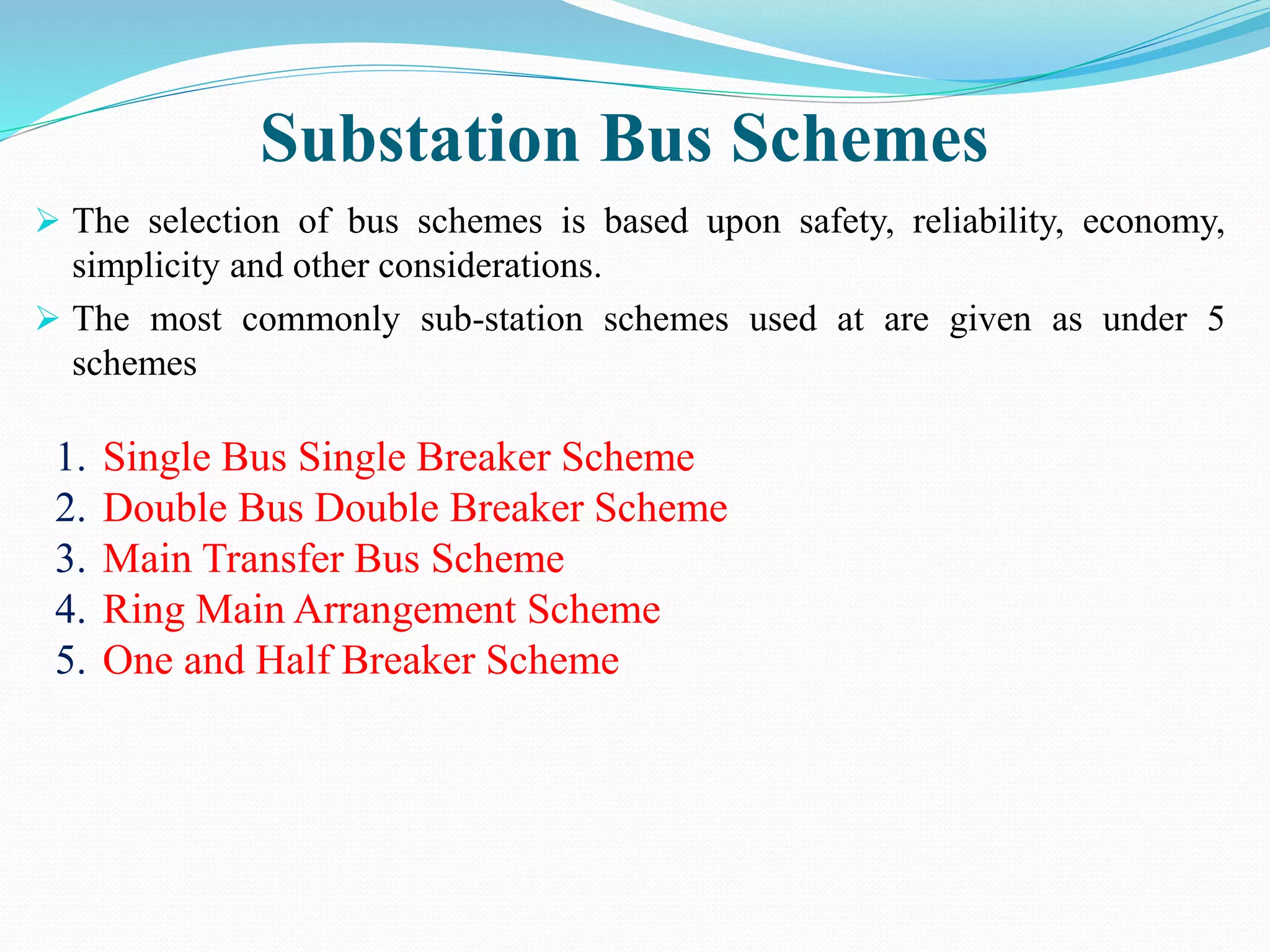 Substation Bus Schemes
 The selection of bus schemes is based upon safety, reliability, economy,
simplicity and other considerations.
 The most commonly sub-station schemes used at are given as under 5
schemes
1. Single Bus Single Breaker Scheme
2. Double Bus Double Breaker Scheme
3. Main Transfer Bus Scheme
4. Ring Main Arrangement Scheme
5. One and Half Breaker Scheme
 