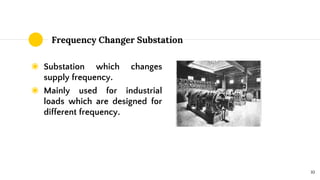 Frequency Changer Substation
◉ Substation which changes
supply frequency.
◉ Mainly used for industrial
loads which are designed for
different frequency.
10
 