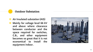 Outdoor Substation
◉ Air Insulated substation (AIS)
◉ Mainly for voltage level 66 kV
and above where clearance
between conductor and the
space required for switches,
C.B., and other equipment
becomes so great that it is not
economical to install the
equipment indoor.
13
 