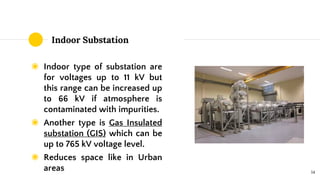Indoor Substation
◉ Indoor type of substation are
for voltages up to 11 kV but
this range can be increased up
to 66 kV if atmosphere is
contaminated with impurities.
◉ Another type is Gas Insulated
substation (GIS) which can be
up to 765 kV voltage level.
◉ Reduces space like in Urban
areas 14
 