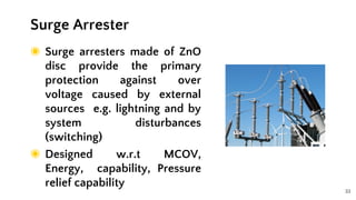33
◉ Surge arresters made of ZnO
disc provide the primary
protection against over
voltage caused by external
sources e.g. lightning and by
system disturbances
(switching)
◉ Designed w.r.t MCOV,
Energy, capability, Pressure
relief capability
Surge Arrester
 