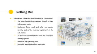 Earthing Mat
◉ Earth Mat is connected to the following in a Substation:
○ The neutral point of such system through its own
independent earth.
○ Equipment frame work and other non-current
carrying parts of the electrical equipment's in the
sub-station.
○ All extraneous metallic frame work not associated
with equipment.
○ Handle of the operating pipe.
○ Fence if it is within 2 m from earth mat.
45
 