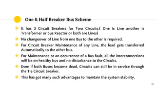 One & Half Breaker Bus Scheme
◉ It has 3 Circuit Breakers for Two Circuits.( One is Line another is
Transformer or Bus Reactor or both are Lines)
◉ No changeover of Line from one Bus to the other is required.
◉ For Circuit Breaker Maintenance of any Line, the load gets transferred
Automatically to the other bus.
◉ For Maintenance or an occurrence of a Bus fault, all the interconnections
will be on healthy bus and no disturbance to the Circuits.
◉ Even if both Buses become dead, Circuits can still be in service through
the Tie Circuit Breaker.
◉ This has got many such advantages to maintain the system stability.
61
 