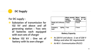 DC Supply
For DC supply :
◉ Substation of transmission for
132 kV and above and all
generating station : Two sets
of batteries each equipped
with own sets of charger
◉ Below 132 kV : One set of
battery with its own charger
85
Battery Capacity
◉ At 220 kV and above : 2 set of 220 V
(Relays and other DC requirement)
◉ At 48 V : Communication (PLCC)
 