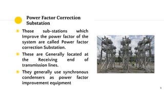 Power Factor Correction
Substation
◉ Those sub-stations which
Improve the power factor of the
system are called Power factor
correction Substation.
◉ These are Generally located at
the Receiving end of
transmission lines.
◉ They generally use synchronous
condensers as power factor
improvement equipment
9
 