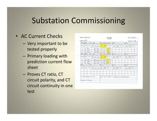 Substation Commissioning
• AC Current Checks
– Very important to be
tested properly
– Primary loading with
prediction current flow
sheet
– Proves CT ratio, CT
circuit polarity, and CT
circuit continuity in one
test
 