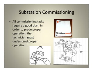 Substation Commissioning
• All commissioning tasks
require a good plan. In
order to prove proper
operation, the
technician must
understand proper
operation.
 
