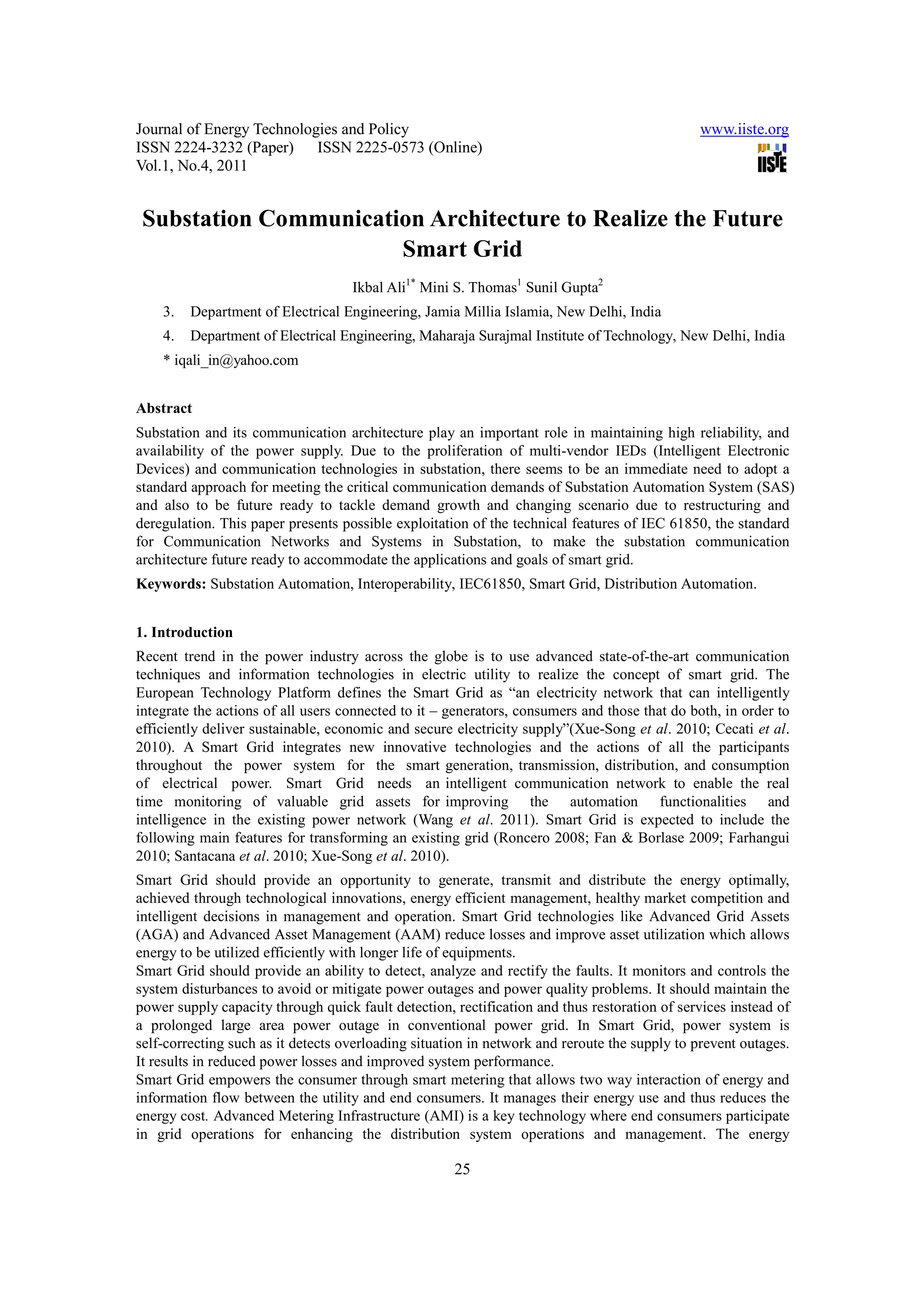 Substation communication architecture to realize the future smart grid ...