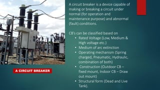 A circuit breaker is a device capable of
making or breaking a circuit under
normal (for operation and
maintenance purpose) and abnormal
(fault) conditions.
CB’s can be classified based on
• Rated Voltage (Low, Medium &
High voltage etc.)
• Medium of arc extinction
• Operating mechanism (Spring
charged, Pneumatic, Hydraulic,
combination of both)
• Construction (Outdoor CB –
fixed mount, Indoor CB – Draw
out mount)
• Structural form (Dead and Live
Tank).
A CIRCUIT BREAKER
 