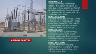 A SHUNT REACTOR
SHUNT REACTOR
This are installed to control high
voltages that occur especially at
night due to the capacitive effect of
lightly loaded transmission lines and
also when a sudden loss of a block of
customer load occurs.
SHUNT CAPACITORS
These are installed to provide MVARS
to the system to help support voltage
levels. Shunt capacitors also help to
improve power factor by making
current to lead source voltage.
SERIES REACTORS
These are used as current limiting
reactors (decrease short-circuit
currents) to increase the impedance
of the line; thereby improving the
transmission capacity of power lines.
SERIES CAPACITORS
They are installed in very long
transmission lines to improve system
stability, reduce system losses and
optimize power flow.
 