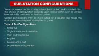 SUB-STATION CONFIGURATIONS
There are several bus bar configurations that can be used in a sub-station.
The choice of configuration depends upon various factors such as voltage
level, reliability, position of sub-station, cost etc.
Certain configurations may be more suited for a specific task hence the
equipment in each type of sub-stations may vary.
Typical Bus Configurations
 Single Bus
 Single Bus with sectionalisation
 Main and Transfer Bus
 Ring Bus
 Breaker and a-Half
 Double Breaker Double Bus
 