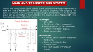 MAIN AND TRANSFER BUS SYSTEM
This bus bar configuration system consists of two separate and independent buses; a
main bus and a transfer bus. Normally, all circuits (incoming and outgoing) are
connected to the main bus. For the purpose of repair or maintenance, the associated
circuit can be connected to the transfer bus (the circuit has been “transferred”) while
the main bus is isolated from the system.
Advantages
• Low cost
• Small area of land is required
• Maintenance can be carried out
without total loss of supply.
• Easily expandable
Disadvantages
• An extra circuit breaker is required
for bus tie.
• Relay protection is often
complicated
• Bus fault causes entire loss of
supply
 