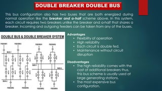 DOUBLE BREAKER DOUBLE BUS
This bus configuration also has two buses that are both energized during
normal operation like the breaker and a-half scheme above. In this system,
each circuit requires two breakers unlike the breaker and a-half that shares a
breaker. Incoming and outgoing feeders can be taken from any of the buses.
Advantages
• Flexibility of operation
• High reliability
• Each circuit is double fed.
• Maintenance without circuit
disruption
Disadvantages
• The high reliability comes with the
cost of additional breakers thus,
this bus scheme is usually used at
large generating stations.
• The most expensive bus
configuration.
 
