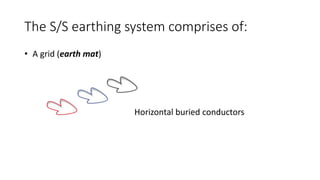 The S/S earthing system comprises of:
• A grid (earth mat)
Horizontal buried conductors