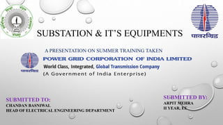 SUBSTATION & IT’S EQUIPMENTS
A PRESENTATION ON SUMMER TRAINING TAKEN
SUBMITTED TO:
CHANDAN BASNIWAL
HEAD OF ELECTRICAL ENGINEERING DEPARTMENT
SUBMITTED BY:
ARPIT MEHRA
II YEAR, EE
 