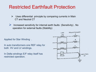 Restricted Earthfault Protection
 Increased sensitivity for internal earth faults (Sensitivity) . No
operation for external faults (Stability)
 Uses differential principle by comparing currents in Main
CT and Neutral CT
Applied for Star Winding .
In auto transformers one REF relay for
both HV and LV windings.
In Delta windings E/F relay itself has
restricted operation.
 