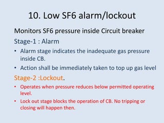 10. Low SF6 alarm/lockout
Monitors SF6 pressure inside Circuit breaker
Stage-1 : Alarm
• Alarm stage indicates the inadequate gas pressure
inside CB.
• Action shall be immediately taken to top up gas level
Stage-2 :Lockout.
• Operates when pressure reduces below permitted operating
level.
• Lock out stage blocks the operation of CB. No tripping or
closing will happen then.
 
