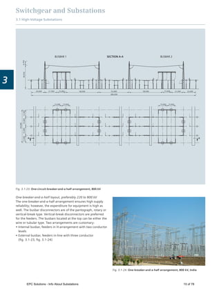 Switchgear and Substations
3.1 High-Voltage Substations
3
54,000
12,00012,00015,00015,000
15,000 15,000 15,000 15,000
A A
SECTION A-ABUSBAR 1 BUSBAR 2
24,000 21,500 15,000 58,500 53,000 58,500 15,000 21,500 22,000
289,000
38,5506,750
Fig. 3.1-23: One-circuit-breaker-and-a half arrangement, 800 kV
Fig. 3.1-24: One-breaker-and-a-half arrangement, 800 kV, India
One-breaker-and-a-half layout, preferably 220 to 800 kV
The one-breaker-and-a-half arrangement ensures high supply
reliability; however, the expenditure for equipment is high as
well. The busbar disconnectors are of the pantograph, rotary or
vertical-break type. Vertical-break disconnectors are preferred
for the feeders. The busbars located at the top can be either the
wire or tubular type. Two arrangements are customary:
Internal busbar, feeders in H-arrangement with two conductor
levels
External busbar, feeders in-line with three conductor
(ﬁg. 3.1-23, ﬁg. 3.1-24)
EPC Solutions - Info About Substations 15 of 78
 