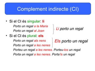 Complement indirecte (CI)

• Si el CI és singular: li
    Porto un regal a la Maria
    Porto un regal al Joan
                                Li porto un regal
• Si el CI és plural: els
    Porto un regal als nens      Els porto un regal
    Porto un regal a les nenes
    Porteu un regal a les nenes. Porteu-los un regal
    Porta un regal a les nenes. Porta’ls un regal
 