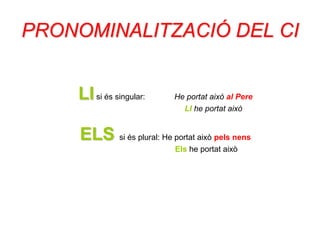 PRONOMINALITZACIÓ DEL CI


    LI si és singular:      He portat això al Pere
                              LI he portat això


     ELS si és plural: He portat això pels nens
                            Els he portat això
 
