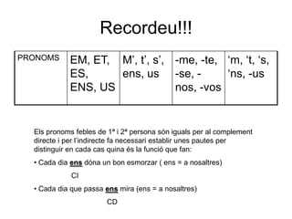 Recordeu!!!
PRONOMS     EM, ET, M’, t’, s’, -me, -te, ‘m, ‘t, ‘s,
            ES,     ens, us -se, -        ‘ns, -us
            ENS, US             nos, -vos


  Els pronoms febles de 1ª i 2ª persona són iguals per al complement
  directe i per l’indirecte fa necessari establir unes pautes per
  distinguir en cada cas quina és la funció que fan:
  • Cada dia ens dóna un bon esmorzar ( ens = a nosaltres)
             CI
  • Cada dia que passa ens mira (ens = a nosaltres)
                        CD
 