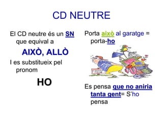 CD NEUTRE
El CD neutre és un SN   Porta això al garatge =
  que equival a           porta-ho
    AIXÒ, ALLÒ
I es substitueix pel
   pronom

          HO            Es pensa que no aniria
                          tanta gent= S’ho
                          pensa
 