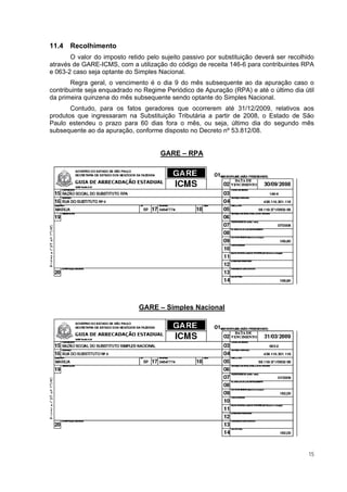 11.4   Recolhimento
       O valor do imposto retido pelo sujeito passivo por substituição deverá ser recolhido
através de GARE-ICMS, com a utilização do código de receita 146-6 para contribuintes RPA
e 063-2 caso seja optante do Simples Nacional.
       Regra geral, o vencimento é o dia 9 do mês subsequente ao da apuração caso o
contribuinte seja enquadrado no Regime Periódico de Apuração (RPA) e até o último dia útil
da primeira quinzena do mês subsequente sendo optante do Simples Nacional.
       Contudo, para os fatos geradores que ocorrerem até 31/12/2009, relativos aos
produtos que ingressaram na Substituição Tributária a partir de 2008, o Estado de São
Paulo estendeu o prazo para 60 dias fora o mês, ou seja, último dia do segundo mês
subsequente ao da apuração, conforme disposto no Decreto nº 53.812/08.


                                      GARE – RPA




                              GARE – Simples Nacional




                                                                                         15
 