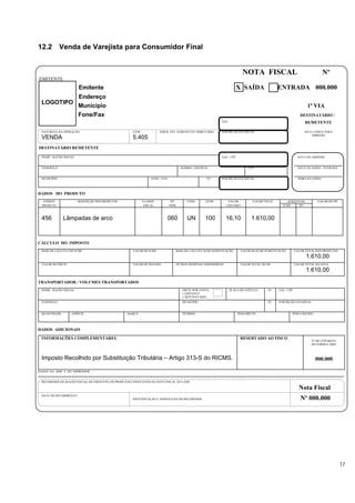 12.2         Venda de Varejista para Consumidor Final


                                                                                                                           NOTA FISCAL                                        Nº
EMITENTE
                       Emitente                                                                                          X SAÍDA               ENTRADA 000.000
                       Endereço
 LOGOTIPO
                       Município                                                                                                                                   1ª VIA
                       Fone/Fax                                                                                                                                DESTINATÁRIO /
                                                                                                             CGC                                                  REMETENTE

 NATUREZA DA OPERAÇÃO                                CFOP              INSCR. EST. SUBSTITUTO TRIBUTÁRIO     INSCRIÇÃO ESTADUAL                                  DATA LIMITE PARA
                                                                                                                                                                     EMISSÃO
 VENDA                                               5.405
DESTINATÁRIO REMETENTE

 NOME / RAZÃO SOCIAL                                                                                         CGC / CPF                                        DATA DA EMISSÃO


 ENDEREÇO                                                                             BAIRRO / DISTRITO                       CEP                             DATA DA SAÍDA / ENTRADA


 MUNICÍPIO                                                       FONE / FAX                           UF     INSCRIÇÃO ESTADUAL                               HORA DA SAÍDA




DADOS DO PRODUTO
   CÓDIGO              DESCRIÇÃO DOS PRODUTOS               CLASSIF.           SIT.       UNID.      QTDE.       VALOR           VALOR TOTAL         ALÍQUOTAS           VALOR DO IPI
  PRODUTO                                                    FISCAL           TRIB.                             UNITÁRIO                          ICMS     IPI



 456          Lâmpadas de arco                                                060        UN          100        16,10           1.610,00



CÁLCULO DO IMPOSTO
 BASE DE CÁLCULO DO ICMS                             VALOR DO ICMS                BASE DE CÁLCULO ICMS SUBSTITUIÇÃO       VALOR DO ICMS SUBSTITUIÇÃO        VALOR TOTAL DOS PRODUTOS

                                                                                                                                                                  1.610,00
 VALOR DO FRETE                                      VALOR DO SEGURO              OUTRAS DESPESAS ASSESSÓRIAS             VALOR TOTAL DO IPI                VALOR TOTAL DA NOTA

                                                                                                                                                                  1.610,00
TRANSPORTADOR / VOLUMES TRANSPORTADOS
 NOME / RAZÃO SOCIAL                                                                  FRETE POR CONTA              PLACA DO VEÍCULO       UF    CGC / CPF
                                                                                      1 EMITENTE
                                                                                      2 DESTINATÁRIO
 ENDEREÇO                                                                             MUNICÍPIO                                           UF    INSCRIÇÃO ESTADUAL


 QUANTIDADE       ESPÉCIE                         MARCA                               NÚMERO                             PESO BRUTO                     PESO LÍQUIDO




DADOS ADICIONAIS

 INFORMAÇÕES COMPLEMENTARES                                                                                               RESERVADO AO FISCO
                                                                                                                                                                     Nº DE CONTROLE
                                                                                                                                                                     DO FORMULÁRIO



 Imposto Recolhido por Substituição Tributária – Artigo 313-S do RICMS.                                                                                                 000.000

DADOS DA AIDF E DO IMPRESSOR


 RECEBEMOS DE (RAZÃO SOCIAL DO EMITENTE) OS PRODUTOS CONSTANTES DA NOTA FISCAL AO LADO

                                                                                                                                                              Nota Fiscal
 DATA DO RECEBIMENTO
                                                     IDENTIFICAÇÃO E ASSINATURA DO RECEBEDOR                                                                   Nº 000.000




                                                                                                                                                                                        17
 