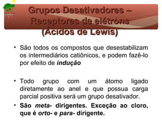Grupos Desativadores –
    Receptores de elétrons
       (Ácidos de Lewis)
• São todos os compostos que desestabilizam
  os intermediários catiônicos, e podem fazê-lo
  por efeito de indução

• Todo grupo com um átomo ligado
  diretamente ao anel e que possua carga
  parcial positiva será um grupo desativador.
• São meta- dirigentes. Exceção ao cloro,
  que é orto- e para- dirigente.
 