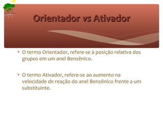 Orientador vs Ativador


∗ O termo Orientador, refere-se à posição relativa dos
  grupos em um anel Benzênico.

∗ O termo Ativador, refere-se ao aumento na
  velocidade de reação do anel Benzênico frente a um
  substituinte.
 