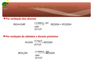 Preparação de ácidos carboxílicos

 Por oxidação dos alcenos
                          (1) KMnO4, OH-
         RCH=CHR’                          RCOOH + R’COOH
                          calor
                          (2) H3O+


 Por oxidação de aldeídos e álcoois primários
                          (1) Ag2O
                  R-CHO              RCOOH
                          (2) H3O
                                +




                          (1) KMnO4, OH-
            RCH2OH                    RCOOH
                          calor
                          (2) H3O+
 
